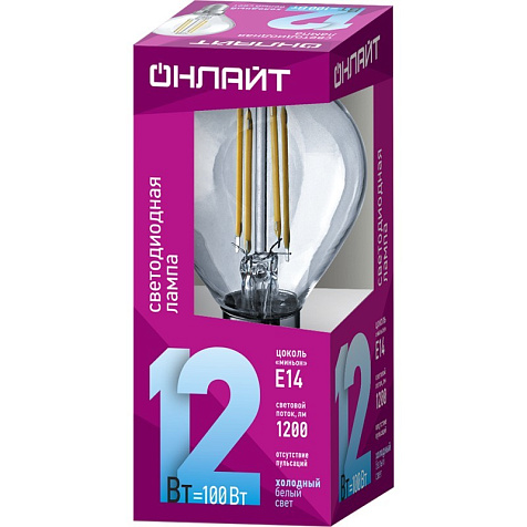 Лампа светодиодная Онлайт OLL-F-G45-12-230-4K-E14 12Вт шар, прозрачная, филамент, 4000К, E14, 1200лм купить в СОМ